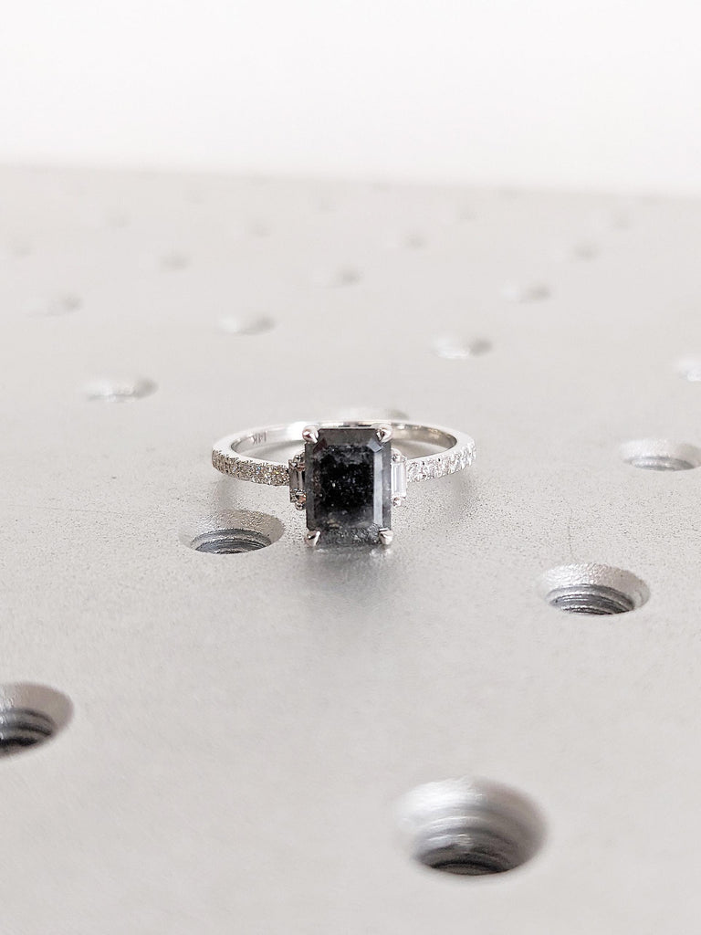 14K White Gold Ring, Emerald Cut Salt and Pepper Diamond Ring, Round Cut Baguette Diamond Pave Ring, Vintage Emerald Shape Engagement Rings image #2