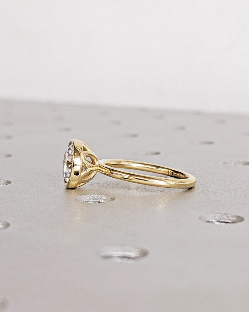 Round Moissanite Bezel Set Ring | Lotus Flower Promise Ring | Tulip Setting Petal Prongs | 14K Yellow Gold