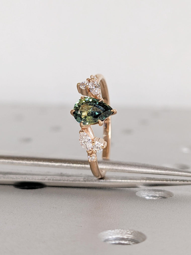 Teal Sapphire Engagement Ring, 18k Rose Gold Nature Inspired Ring, Pear Cut Green Blue Sapphire Ring, Art Deco Moissanite Floral Leaf Ring image #9