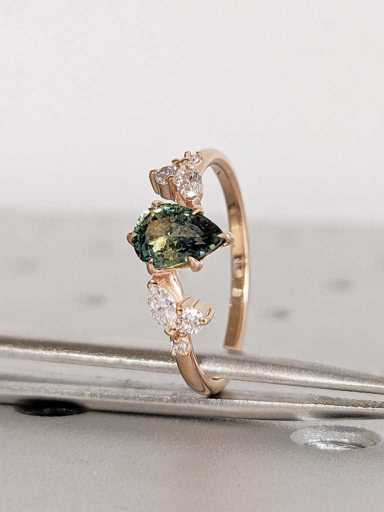 Teal Sapphire Engagement Ring, 18k Rose Gold Nature Inspired Ring, Pear Cut Green Blue Sapphire Ring, Art Deco Moissanite Floral Leaf Ring image #7