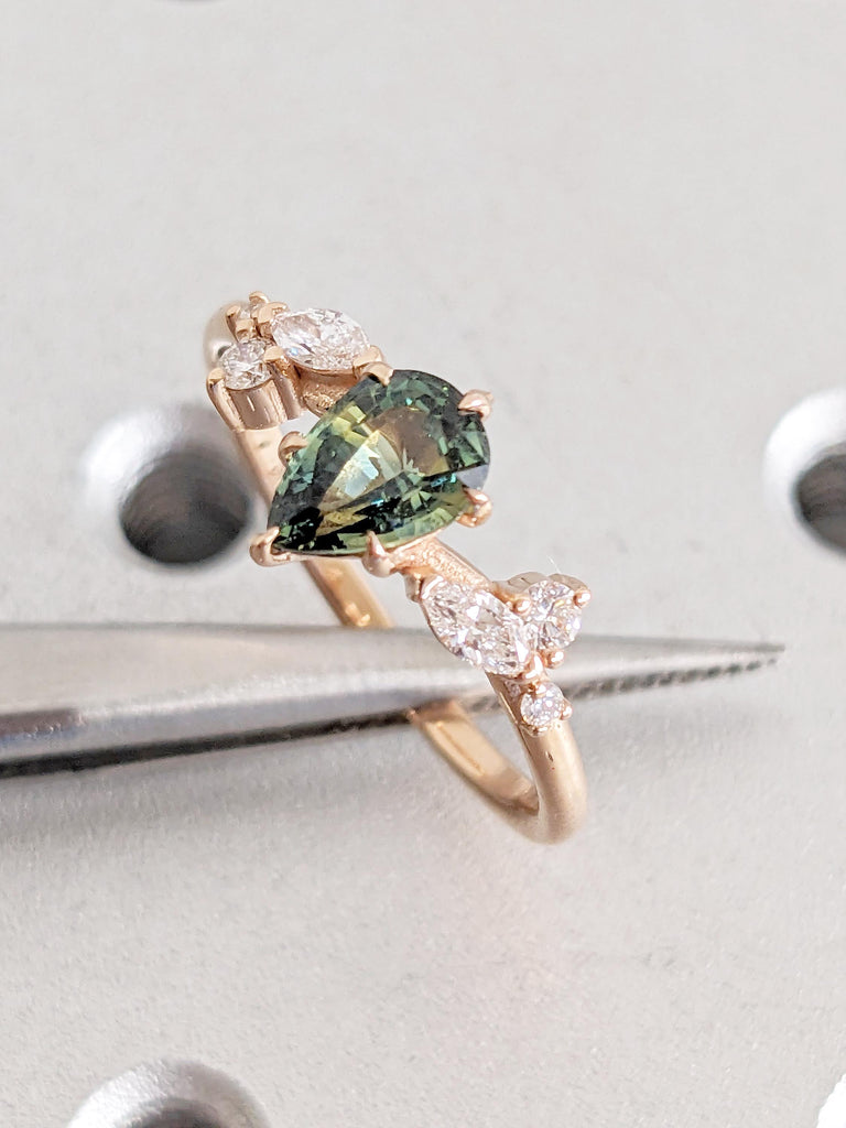 Teal Sapphire Engagement Ring, 18k Rose Gold Nature Inspired Ring, Pear Cut Green Blue Sapphire Ring, Art Deco Moissanite Floral Leaf Ring image #10