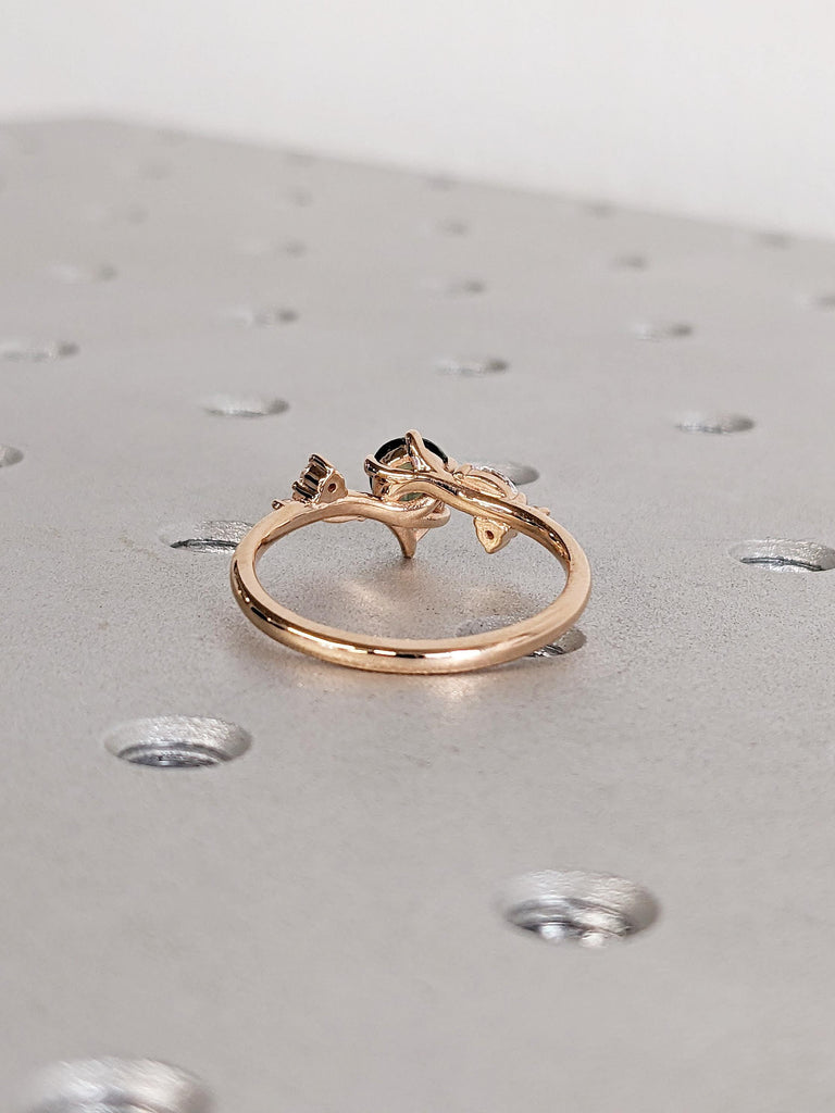 Teal Sapphire Engagement Ring, 18k Rose Gold Nature Inspired Ring, Pear Cut Green Blue Sapphire Ring, Art Deco Moissanite Floral Leaf Ring image #5