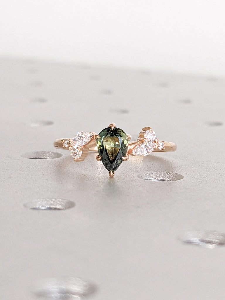 Teal Sapphire Engagement Ring, 18k Rose Gold Nature Inspired Ring, Pear Cut Green Blue Sapphire Ring, Art Deco Moissanite Floral Leaf Ring image #8