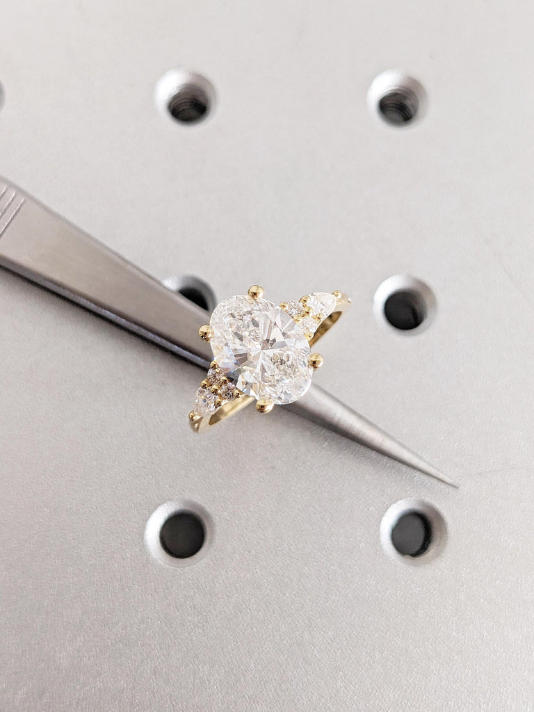 IGI Certified Lab Grown Diamond Ring, Vintage 18k Yellow Gold Oval Engagement Ring, Art Deco Pear and Round Diamond Cluster Wedding Ring image #12