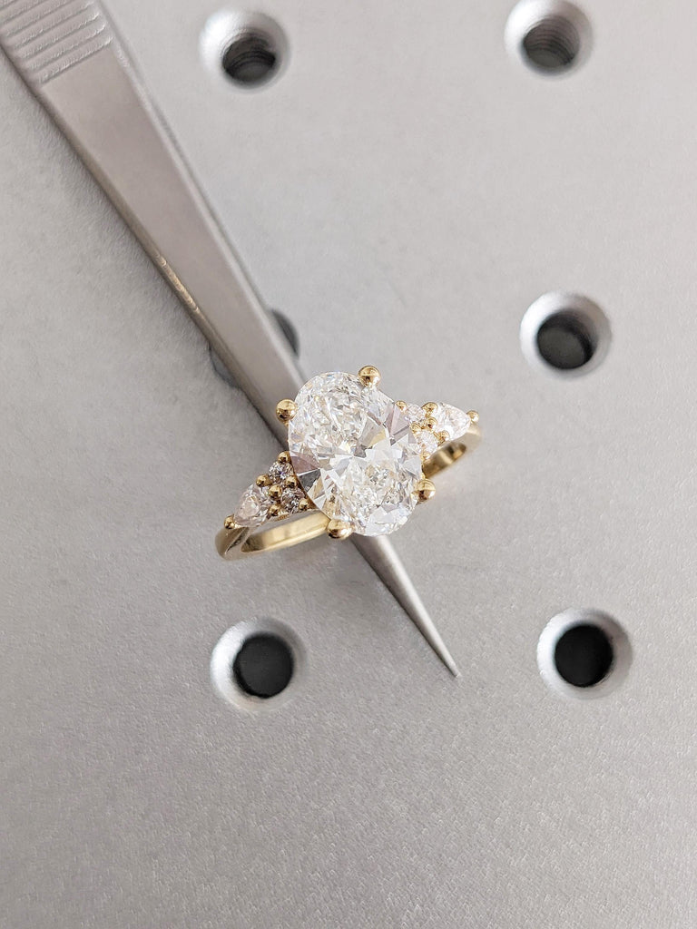 IGI Certified Lab Grown Diamond Ring, Vintage 18k Yellow Gold Oval Engagement Ring, Art Deco Pear and Round Diamond Cluster Wedding Ring image #9