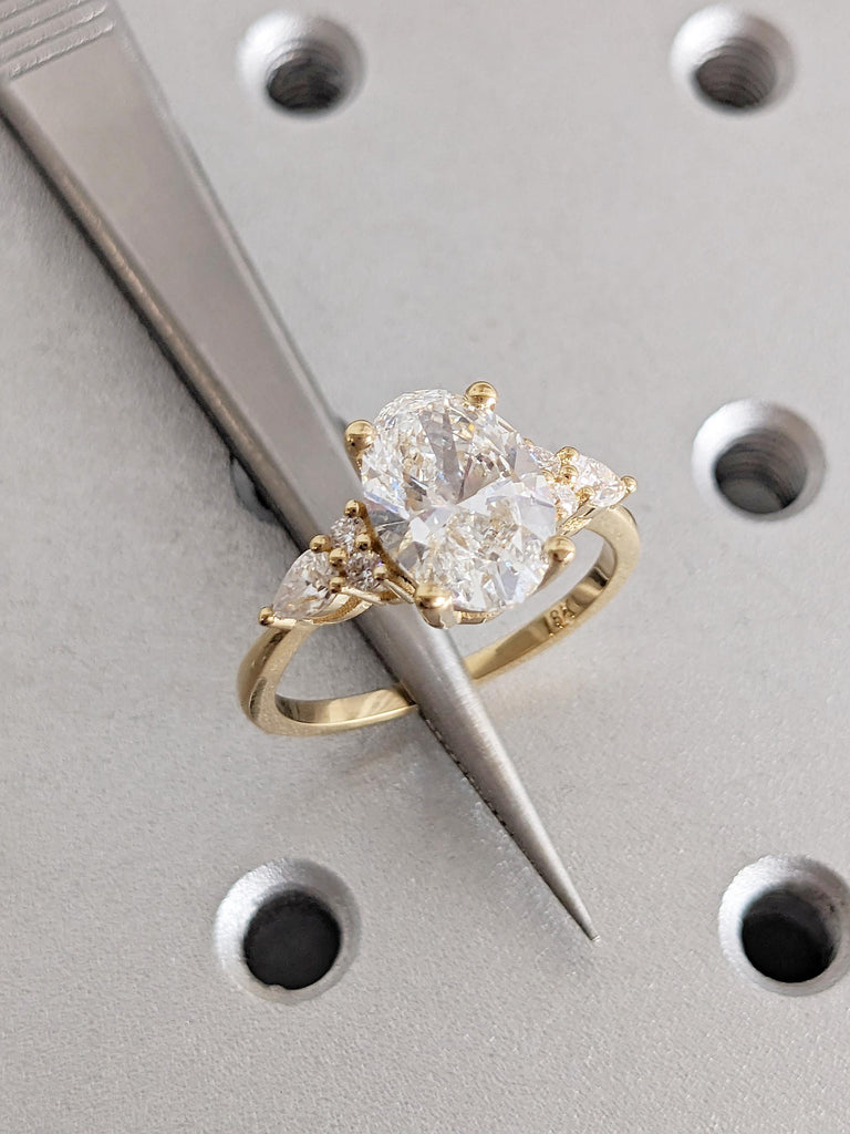IGI Certified Lab Grown Diamond Ring, Vintage 18k Yellow Gold Oval Engagement Ring, Art Deco Pear and Round Diamond Cluster Wedding Ring image #13