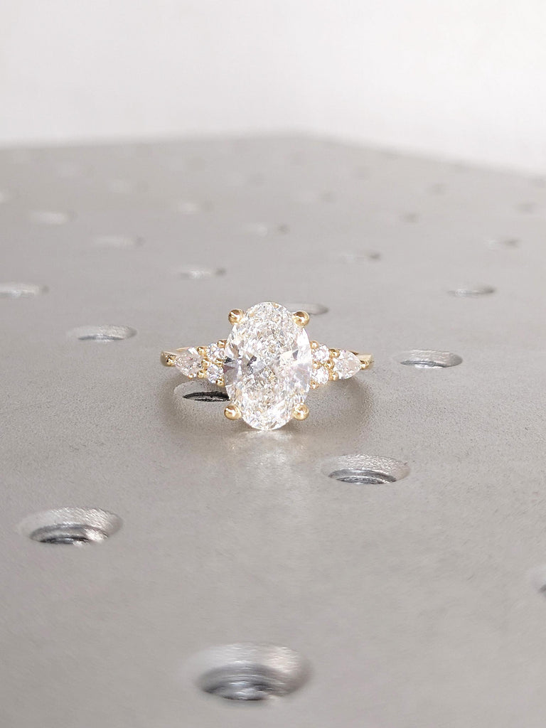 IGI Certified Lab Grown Diamond Ring, Vintage 18k Yellow Gold Oval Engagement Ring, Art Deco Pear and Round Diamond Cluster Wedding Ring image #10
