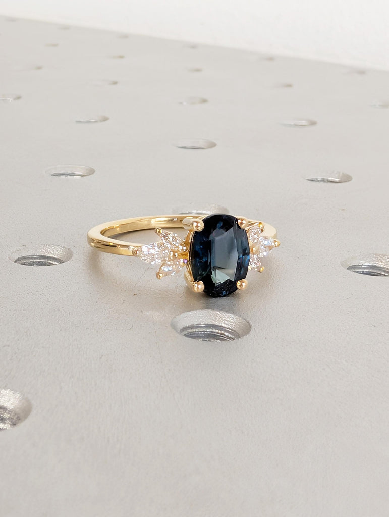 Sapphire Engagement Ring, Blue Green Oval Peacock Sapphire, 18K Yellow Gold Marquise Cut Diamond Cluster, September Birthstone Ring For Her image #4