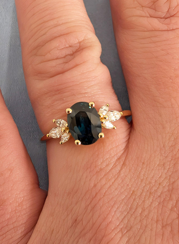 Sapphire Engagement Ring, Blue Green Oval Peacock Sapphire, 18K Yellow Gold Marquise Cut Diamond Cluster, September Birthstone Ring For Her image #12