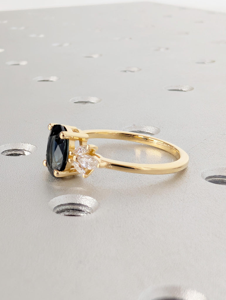 Sapphire Engagement Ring, Blue Green Oval Peacock Sapphire, 18K Yellow Gold Marquise Cut Diamond Cluster, September Birthstone Ring For Her image #8