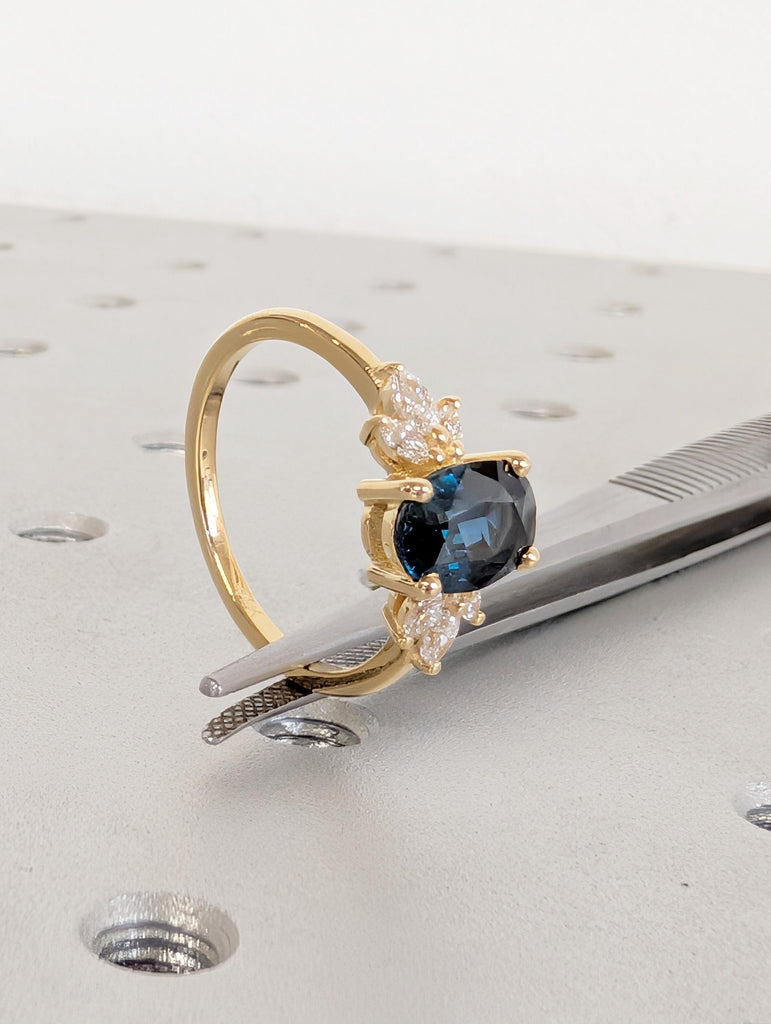 Sapphire Engagement Ring, Blue Green Oval Peacock Sapphire, 18K Yellow Gold Marquise Cut Diamond Cluster, September Birthstone Ring For Her image #9
