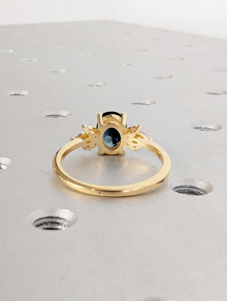 Sapphire Engagement Ring, Blue Green Oval Peacock Sapphire, 18K Yellow Gold Marquise Cut Diamond Cluster, September Birthstone Ring For Her image #7