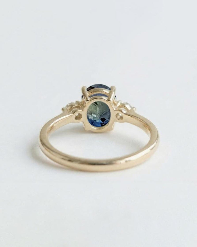 Art Deco Teal Sapphire Engagement Ring | Oval Sapphire and Diamond Ring | 14k Yellow Gold Rings for Women | September Birthstone image #5