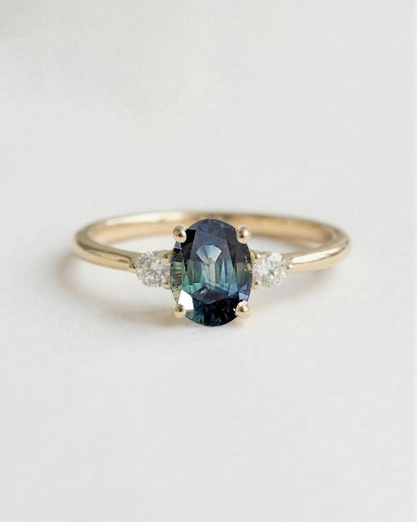 Art Deco Teal Sapphire Engagement Ring | Oval Sapphire and Diamond Ring | 14k Yellow Gold Rings for Women | September Birthstone image #3