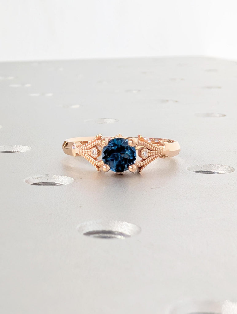 Blue Topaz Ring, Art Deco 14K Rose Gold Natural London Blue Topaz, Vintage Milgrain Pave Diamond Gemstone Ring, November Birthstone Ring