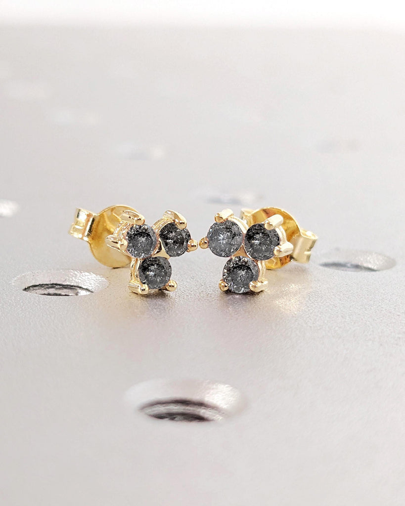 Salt and Pepper Diamond Clusters Earrings, 18K Yellow Gold Screw Back Stud Earrings, Three Stones Studs, Women's Jewelry