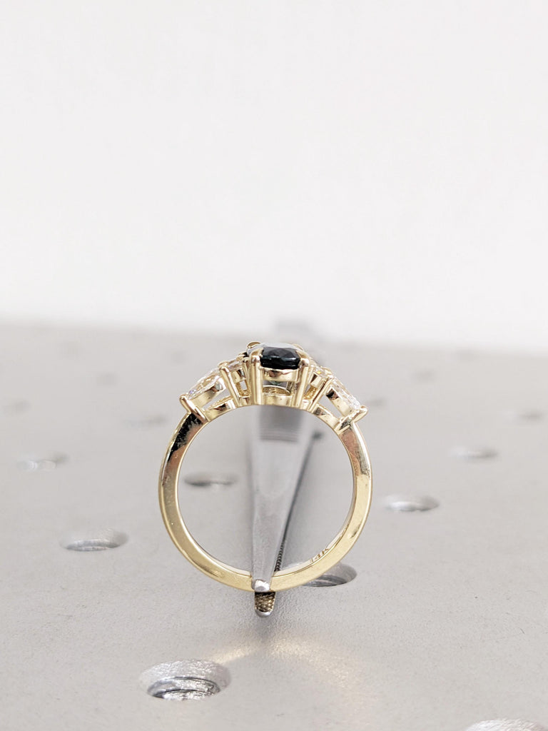 Oval Peacock Sapphire Ring, 14K/18K Yellow Gold Engagement Rings, Pear and Round Side Diamond Cluster Ring, Antique Sapphire Rings For Woman image #5