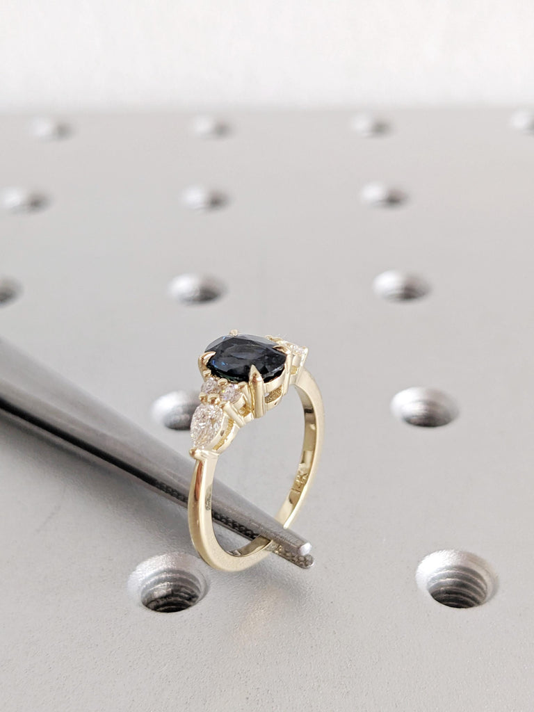 Oval Peacock Sapphire Ring, 14K/18K Yellow Gold Engagement Rings, Pear and Round Side Diamond Cluster Ring, Antique Sapphire Rings For Woman image #6