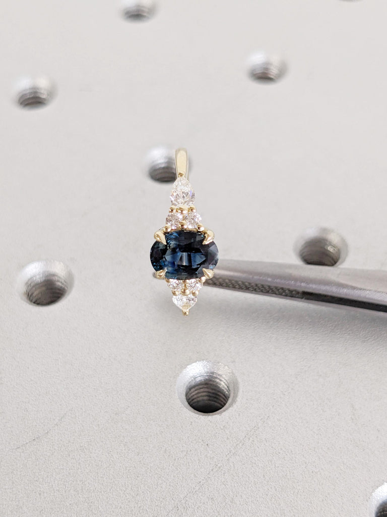 Oval Peacock Sapphire Ring, 14K/18K Yellow Gold Engagement Rings, Pear and Round Side Diamond Cluster Ring, Antique Sapphire Rings For Woman image #9