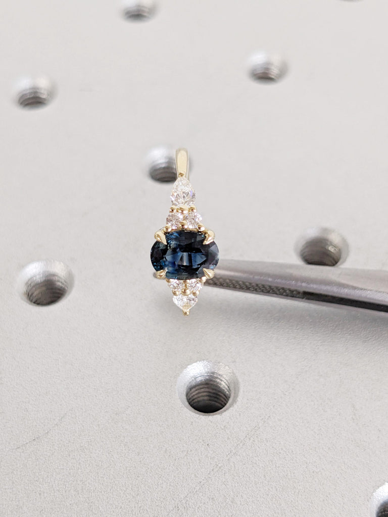 Peacock Sapphire Engagement Ring: Oval Cut, 14K/18K Yellow Gold, Side Diamond Cluster, Antique Sapphire Birthstone Jewelry image #9