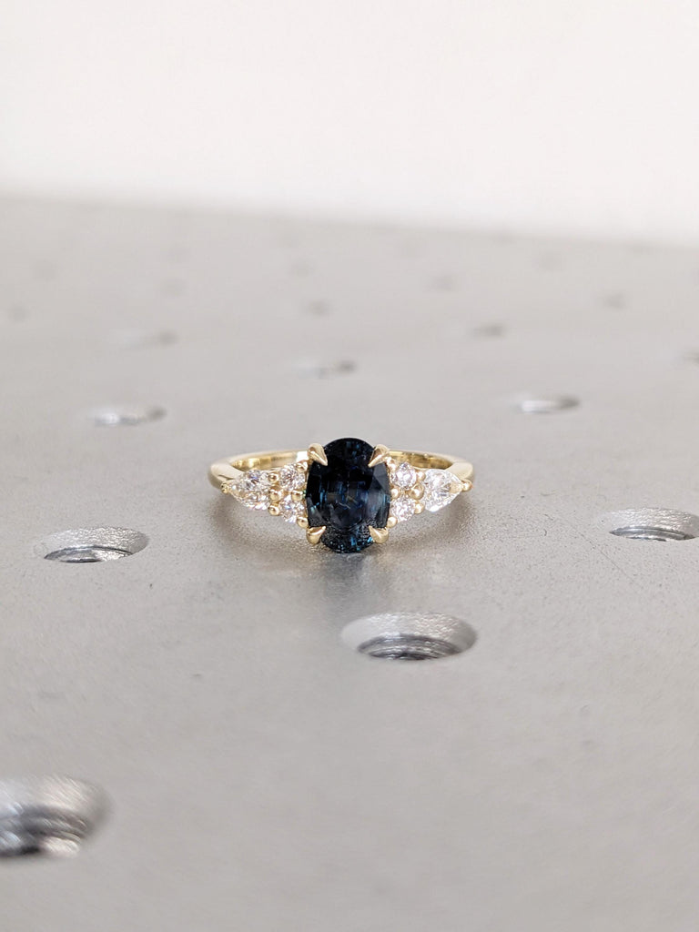 Oval Peacock Sapphire Ring, 14K/18K Yellow Gold Engagement Rings, Pear and Round Side Diamond Cluster Ring, Antique Sapphire Rings For Woman