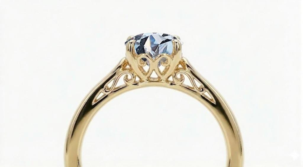 Round Aquamarine Engagement Ring, Filigree 14k Yellow Gold Solitaire Ring, Lab Grown Aquamarine Ring for Women, March Birthstone Jewelry image #7