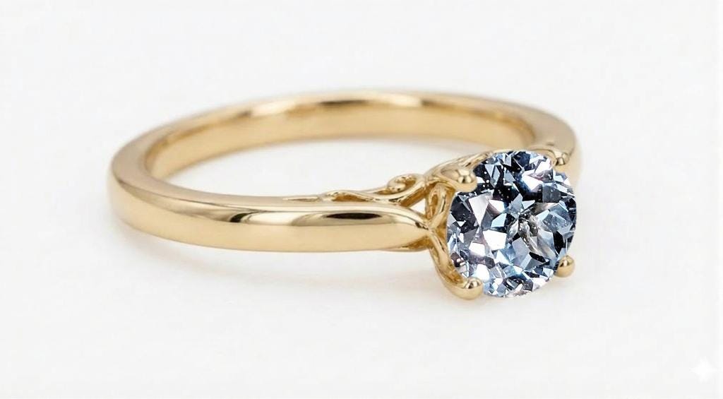 Round Aquamarine Engagement Ring, Filigree 14k Yellow Gold Solitaire Ring, Lab Grown Aquamarine Ring for Women, March Birthstone Jewelry image #4