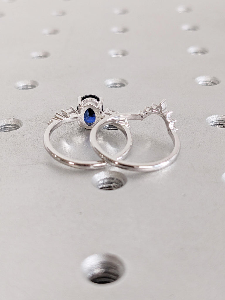 Sapphire Engagement Ring Set, 14K White Gold Bridal Set, Oval Cut Lab Sapphire Ring Set, Wedding Ring Set, Lab Diamond Matching Ring For Her image #4