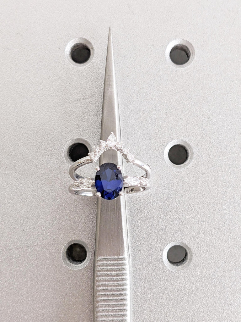 Sapphire Engagement Ring Set, 14K White Gold Bridal Set, Oval Cut Lab Sapphire Ring Set, Wedding Ring Set, Lab Diamond Matching Ring For Her image #7