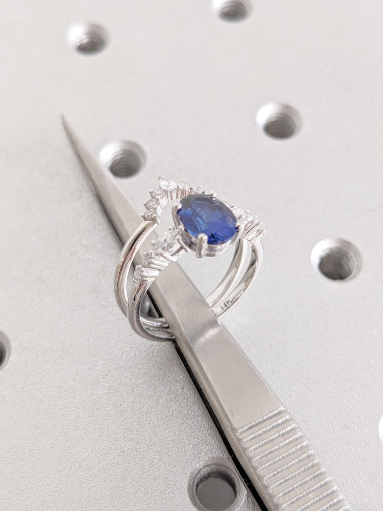 Sapphire Engagement Ring Set, 14K White Gold Bridal Set, Oval Cut Lab Sapphire Ring Set, Wedding Ring Set, Lab Diamond Matching Ring For Her image #11