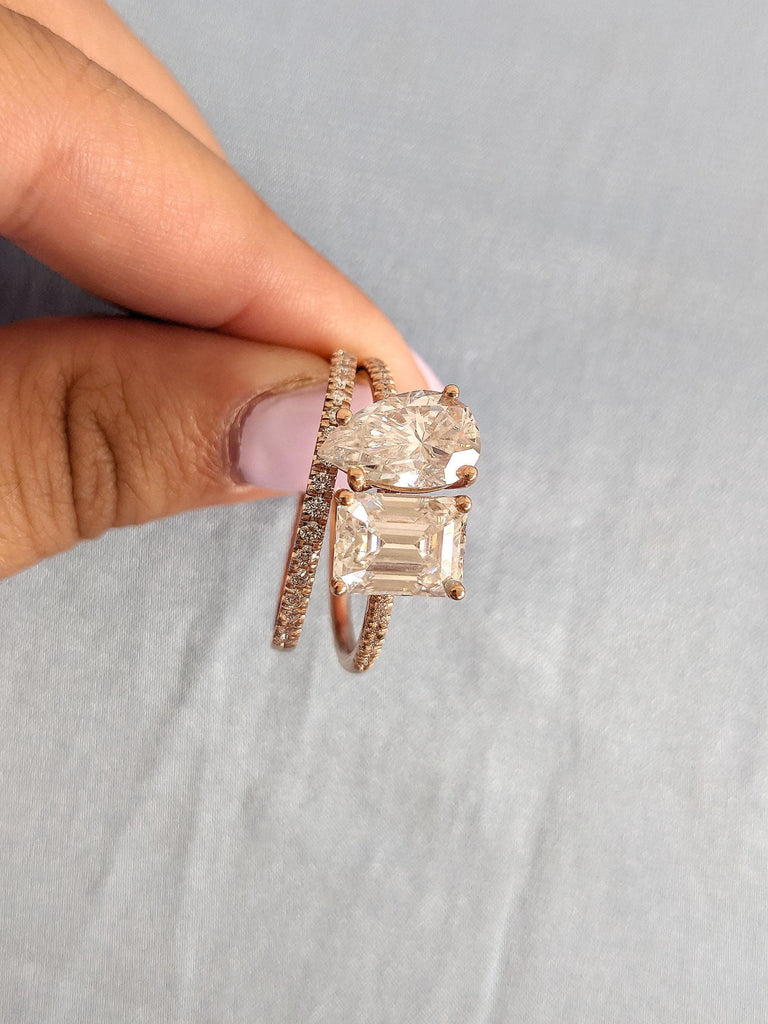 14k Rose Gold Toi Et Moi Diamond Engagement Ring Set | Lab Diamond Stacking Ring | Dainty Half Eternity Diamond Band | Anniversary Gift image #6