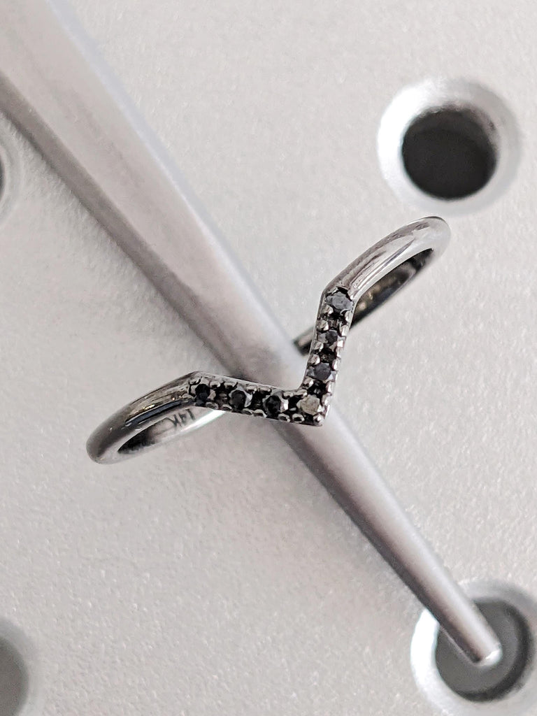 Dainty Black Diamond Chevron Ring, Curved Half Eternity Diamond Matching Engagement Band, Everyday Stacking Jewelry, Promise Ring For Her