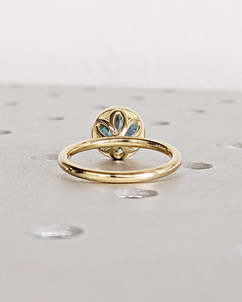 Vintage Tulip Setting Teal Sapphire Engagement Ring, Antique Yellow Gold Peacock Sapphire Wedding Ring, Lotus Basket Bridal Ring, Bezel Ring image #2