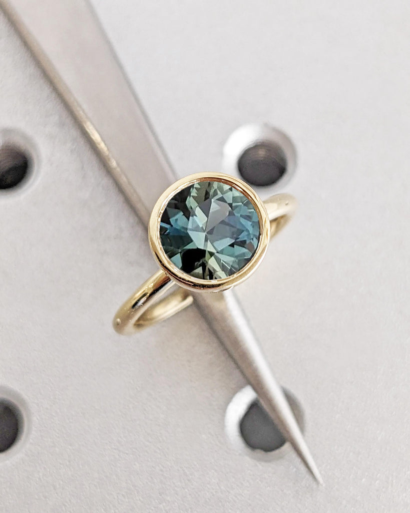 Blue Green Teal Sapphire Ring: Tulip Petal Lotus Basket, Bezel Setting, 14K Yellow Gold image #5