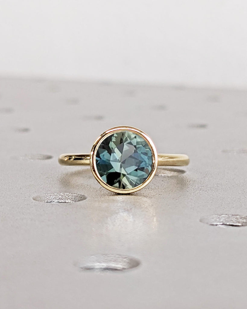 Vintage Tulip Setting Teal Sapphire Engagement Ring, Antique Yellow Gold Peacock Sapphire Wedding Ring, Lotus Basket Bridal Ring, Bezel Ring image #4