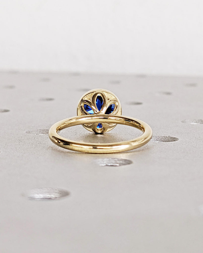 Vintage Blue Sapphire Bezel Ring, Sapphire Engagement Ring, Tulip Lotus Floral Basket Promise Ring, Gemstone Ring, Blue Stone Ring, 14K Gold image #3