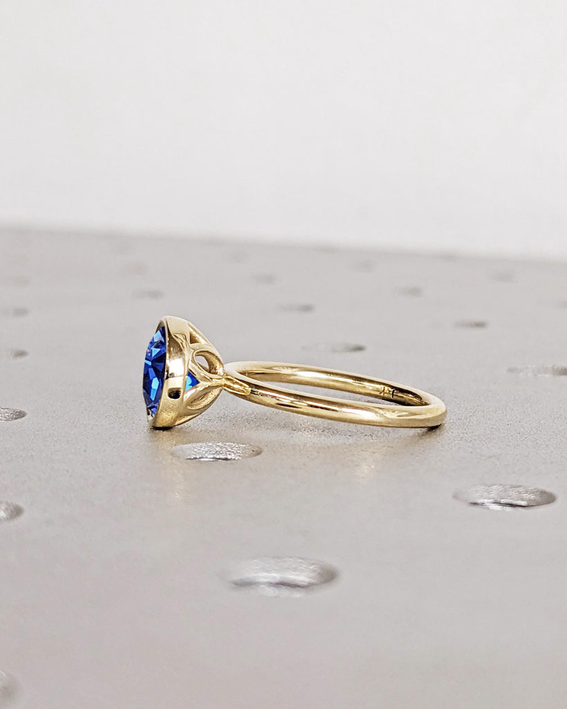 Vintage Blue Sapphire Bezel Ring, Sapphire Engagement Ring, Tulip Lotus Floral Basket Promise Ring, Gemstone Ring, Blue Stone Ring, 14K Gold image #4