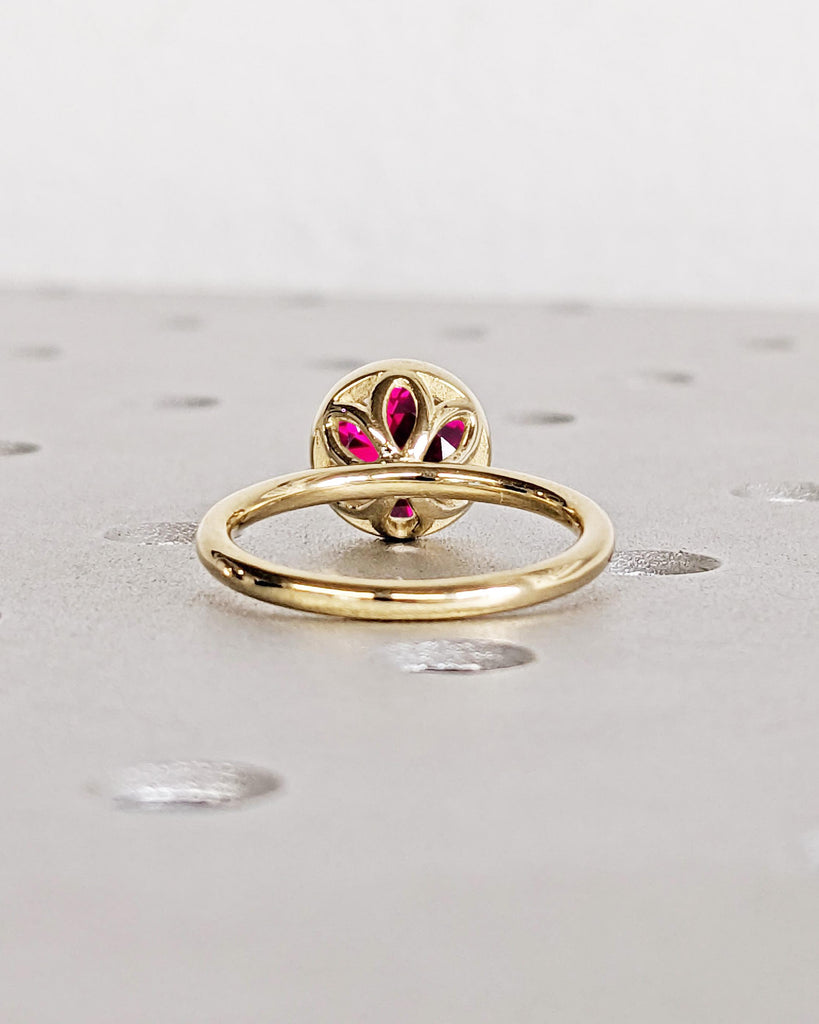 Vintage Tulip Setting Ruby Ring | Lotus Flower Ring | Antique Solid Gold Ruby Bezel Engagement Ring | Floral Nature Ring | Red Gemstone Ring image #3