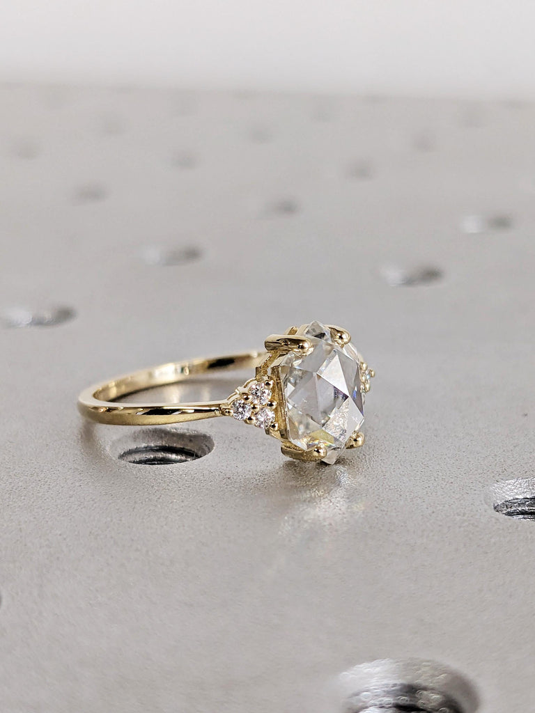 14K Solid Gold Lab Diamond Engagement Ring, Vintage Hexagon Cut Lab Diamond Ring, Art Deco Diamond Cluster Wedding Band image #4