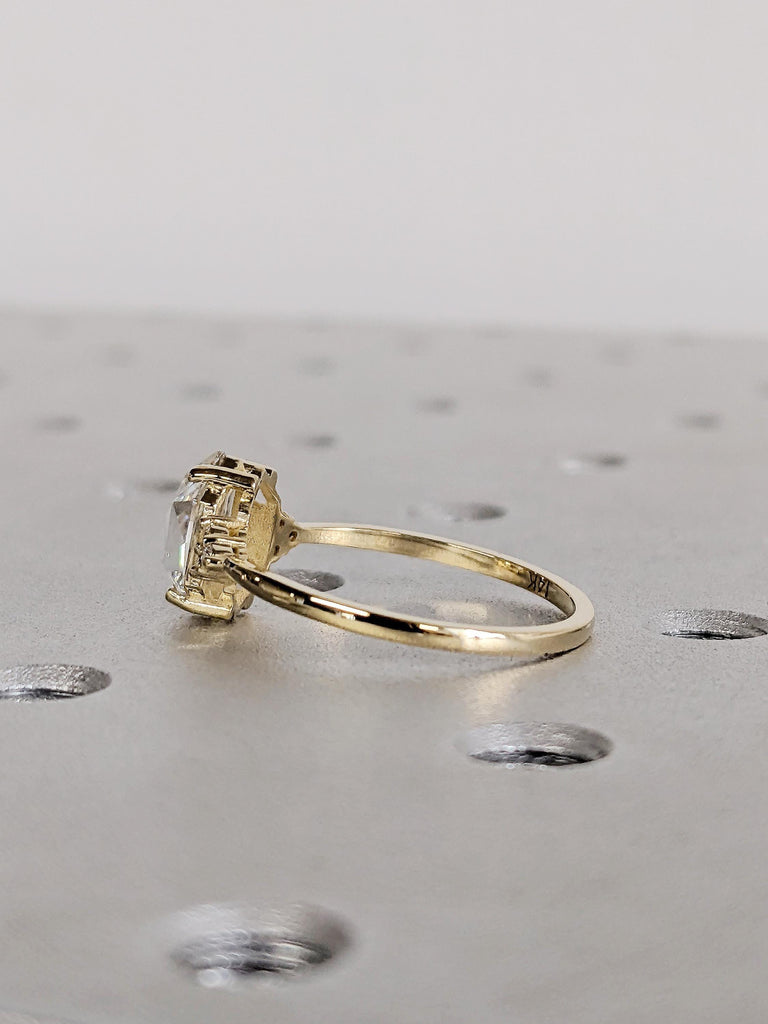 14K Solid Gold Lab Diamond Engagement Ring, Vintage Hexagon Cut Lab Diamond Ring, Art Deco Diamond Cluster Wedding Band image #3