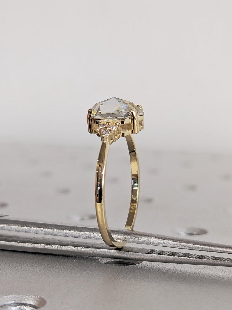 14K Solid Gold Lab Diamond Engagement Ring, Vintage Hexagon Cut Lab Diamond Ring, Art Deco Diamond Cluster Wedding Band image #6
