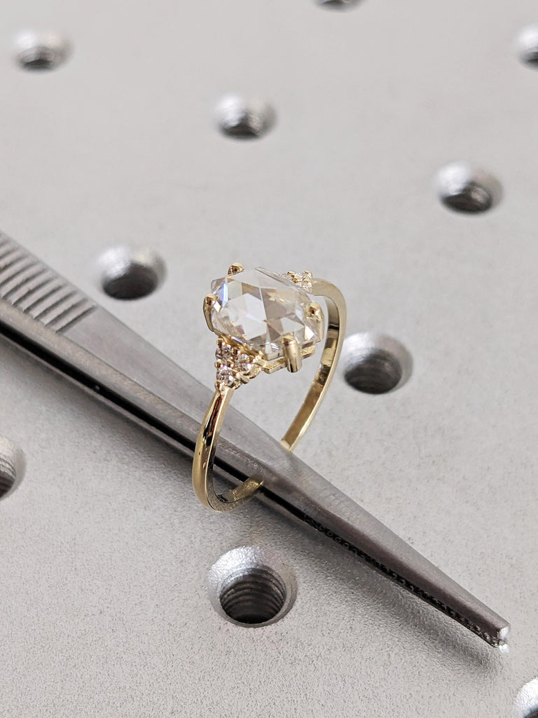 14K Solid Gold Lab Diamond Engagement Ring, Vintage Hexagon Cut Lab Diamond Ring, Art Deco Diamond Cluster Wedding Band image #7