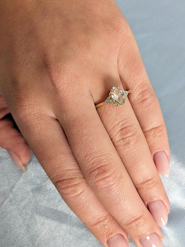 14K Solid Gold Lab Diamond Engagement Ring, Vintage Hexagon Cut Lab Diamond Ring, Art Deco Diamond Cluster Wedding Band image #8
