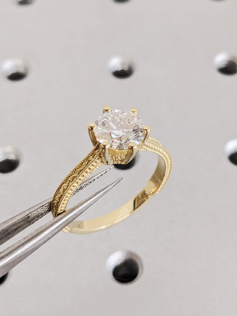 Gold Lab Diamond Engagement Ring, Vintage Milgrain Wedding Band, Women Gold Lab Diamond Ring, Proposal Ring For Her, Custom Christmas Gift image #2