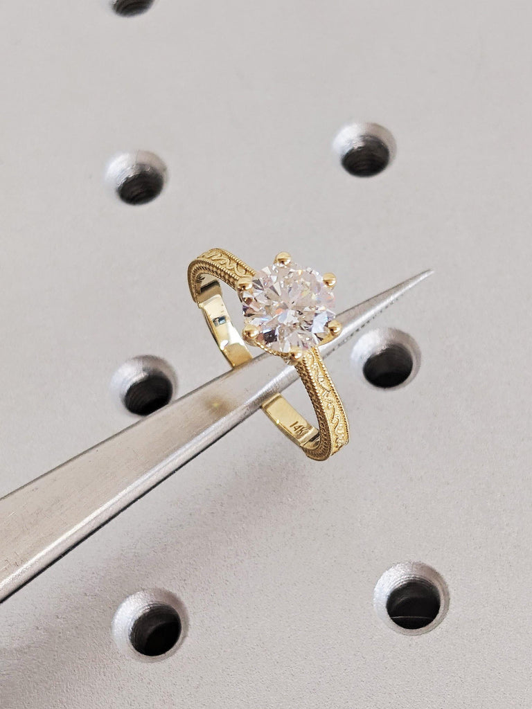 Gold Lab Diamond Engagement Ring, Vintage Milgrain Wedding Band, Women Gold Lab Diamond Ring, Proposal Ring For Her, Custom Christmas Gift image #3
