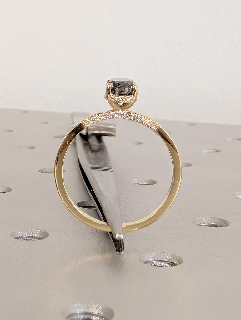 Salt and Pepper Diamond Engagement Ring, Dainty 14K Yellow Gold Hidden Halo Wedding Ring for Her, Oval Solitaire Ring, Vintage Promise Rings image #7