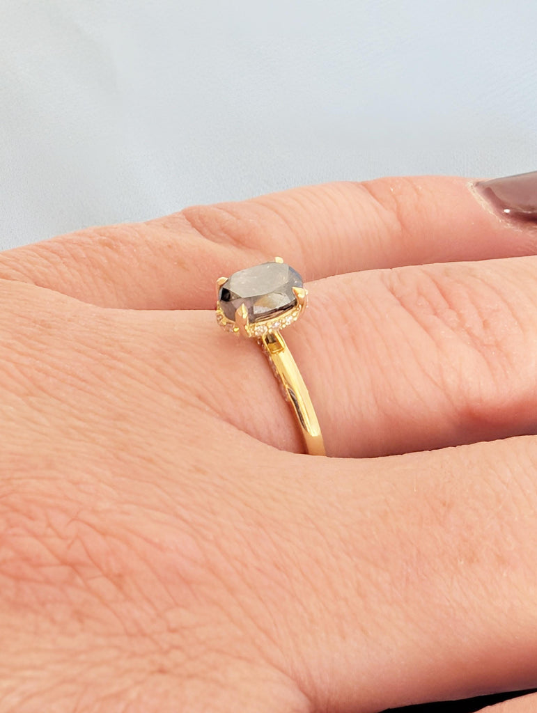 Salt and Pepper Diamond Engagement Ring, Dainty 14K Yellow Gold Hidden Halo Wedding Ring for Her, Oval Solitaire Ring, Vintage Promise Rings image #13