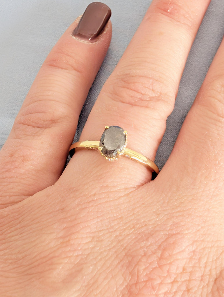Salt and Pepper Diamond Engagement Ring, Dainty 14K Yellow Gold Hidden Halo Wedding Ring for Her, Oval Solitaire Ring, Vintage Promise Rings image #2