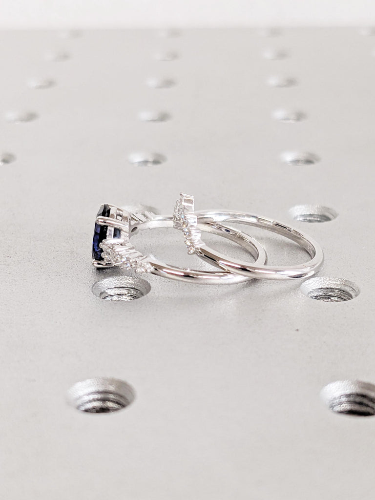 0.5-4ct Blue Oval Sapphire Ring, 14K/18K Gold Bridal Set, Wedding Ring Set, Engagement Ring Set, Promise Ring, Lab Sapphire Birthstone Ring image #3