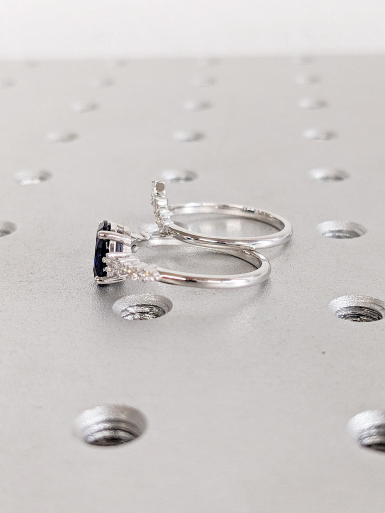 0.5-4ct Blue Oval Sapphire Ring, 14K/18K Gold Bridal Set, Wedding Ring Set, Engagement Ring Set, Promise Ring, Lab Sapphire Birthstone Ring image #5